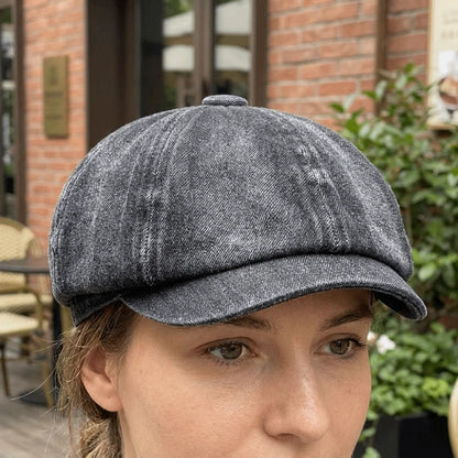 Vintage Washed Denim Newsboy Cap Versatile Short Brim Flat Peaked Hat