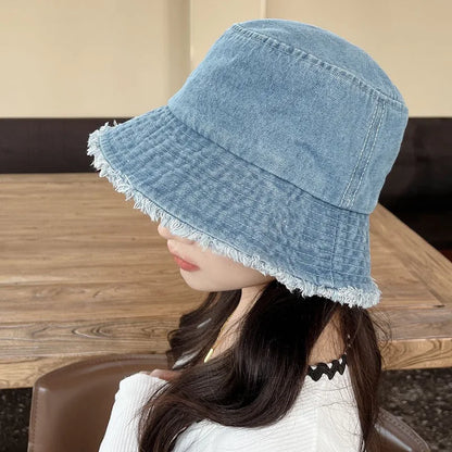 Vintage Denim Bucket Hat Distressed Frayed Brim