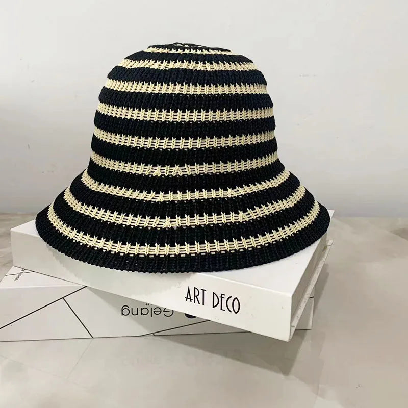 Striped Hollow Women Bucket Hat Spring Summer Outdoor