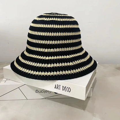 Striped Hollow Women Bucket Hat Spring Summer Outdoor