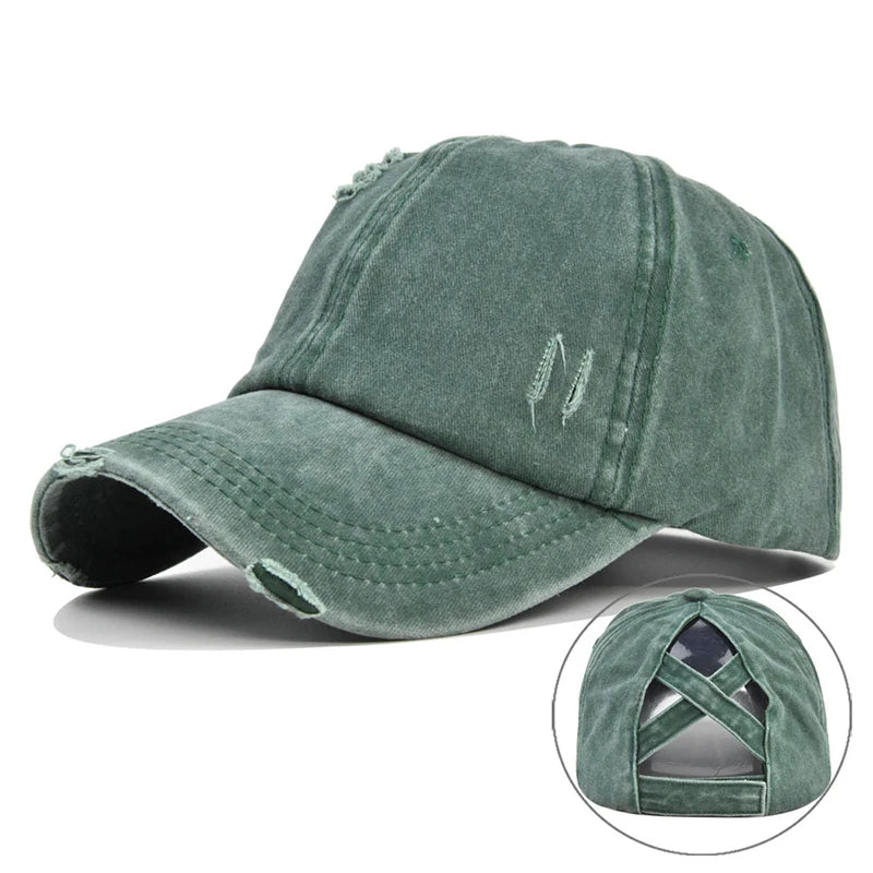 Vintage Washed Distressed Baseball Cap, Criss Cross Ponytail Hat