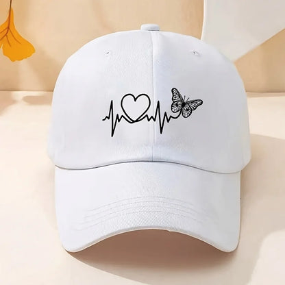 A Minimalist Baseball Cap with White Butterfly Heartbeat Print Design for Outdoor Sports