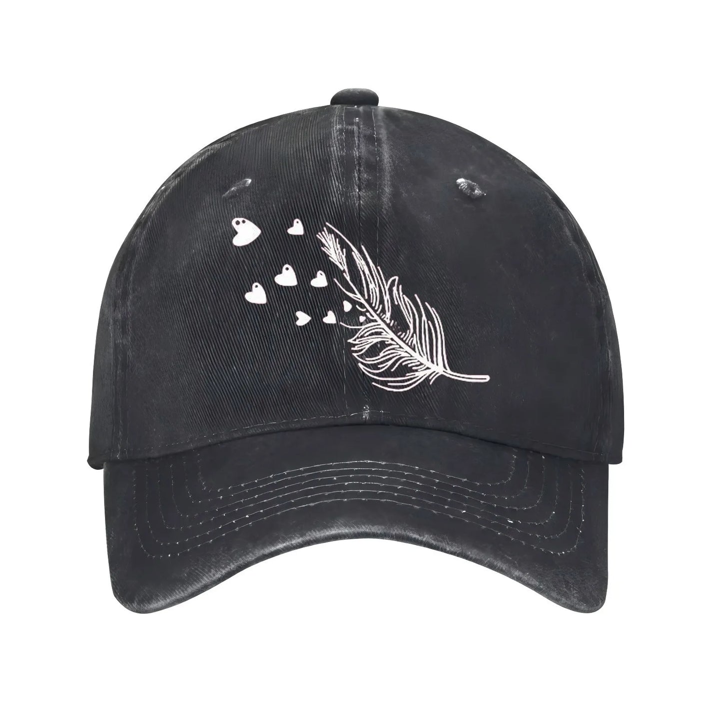 Feather And Hearts Print Distressed Baseball Cap
