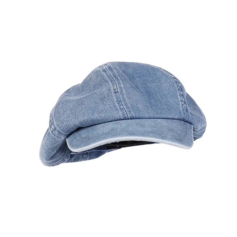 Women Retro Big Washed Cotton Denim Beret Head Painter Hat
