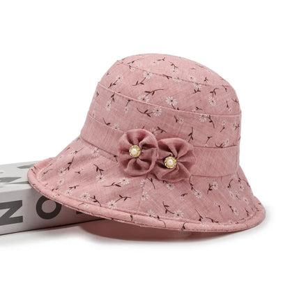 Ladies Bowler Hat Bow Printed Sun Hat Light and Breathable Sun Hat