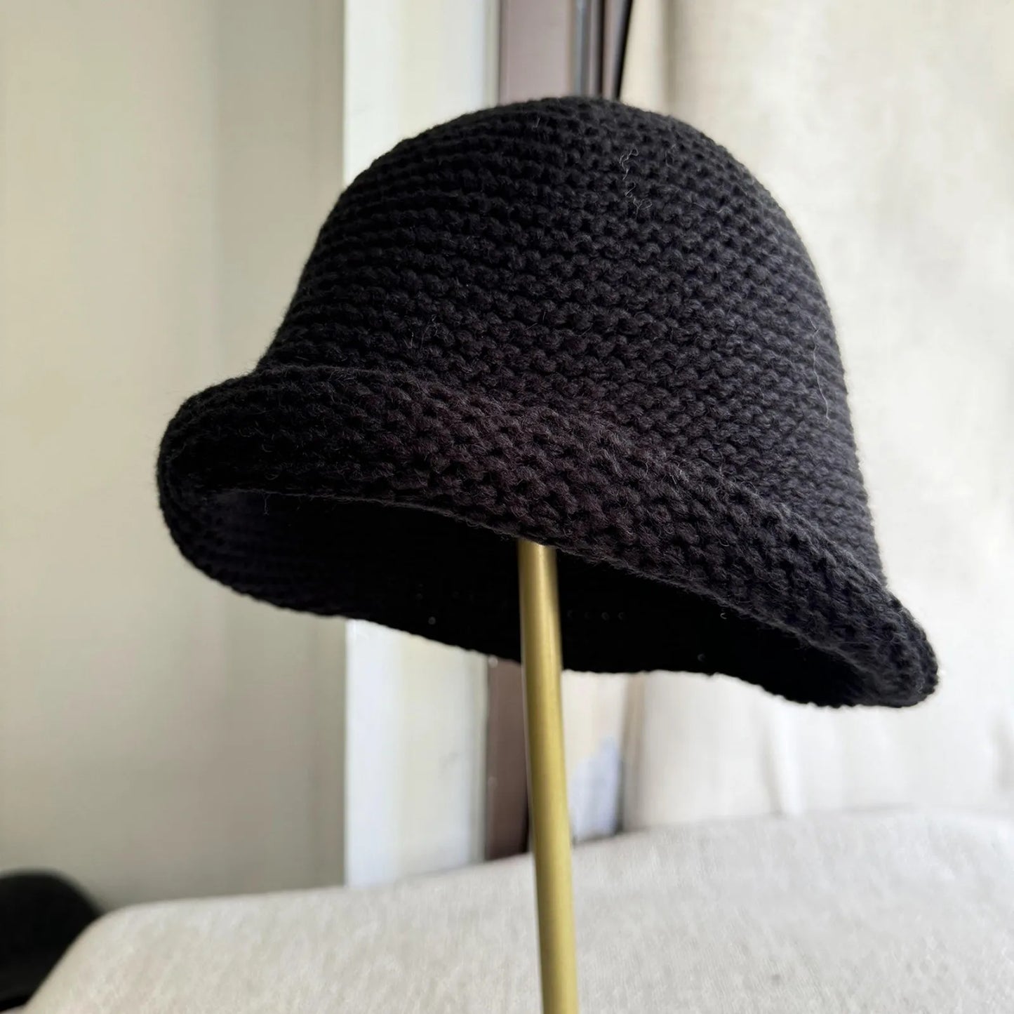 Women Wool Knit Bucket Hat Rolled Brim Warm Fisherman Cap For Autumn Winter