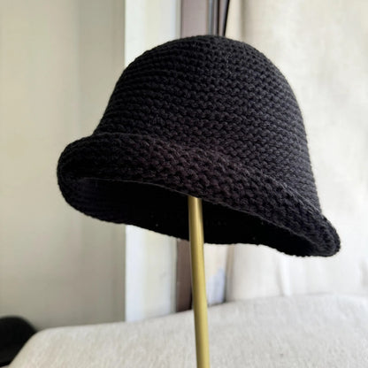 Women Wool Knit Bucket Hat Rolled Brim Warm Fisherman Cap For Autumn Winter
