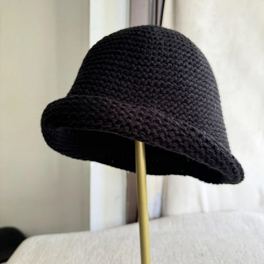 Women Wool Knit Bucket Hat Rolled Brim Warm Fisherman Cap For Autumn Winter