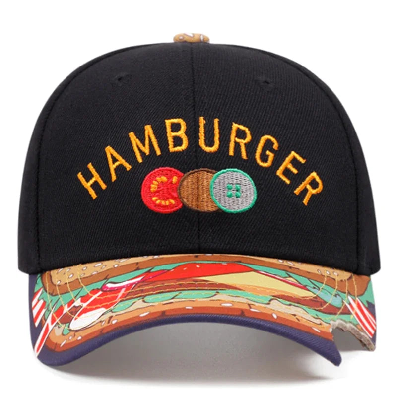 New Flat Edge Hat Burger Embroidered Printed Baseball Hat Outdoor Daily Sunshade Hat Unisex Hip Hop Hat