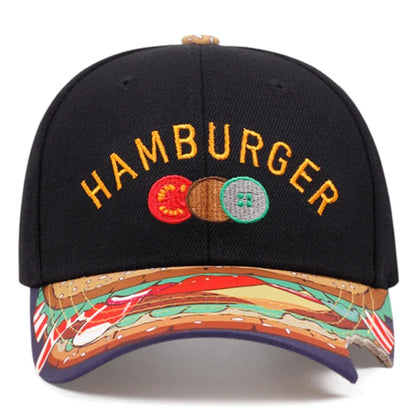 New Flat Edge Hat Burger Embroidered Printed Baseball Hat Outdoor Daily Sunshade Hat Unisex Hip Hop Hat