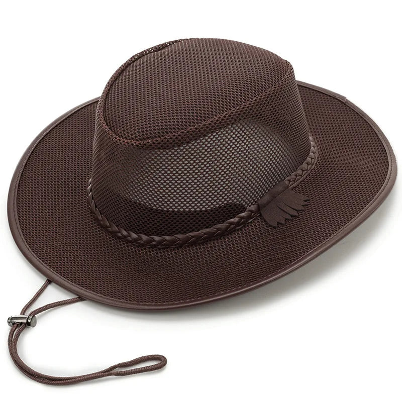 Spring/Summer Men's Wide Brim Sun Hat, Breathable Mesh Cowboy Hat