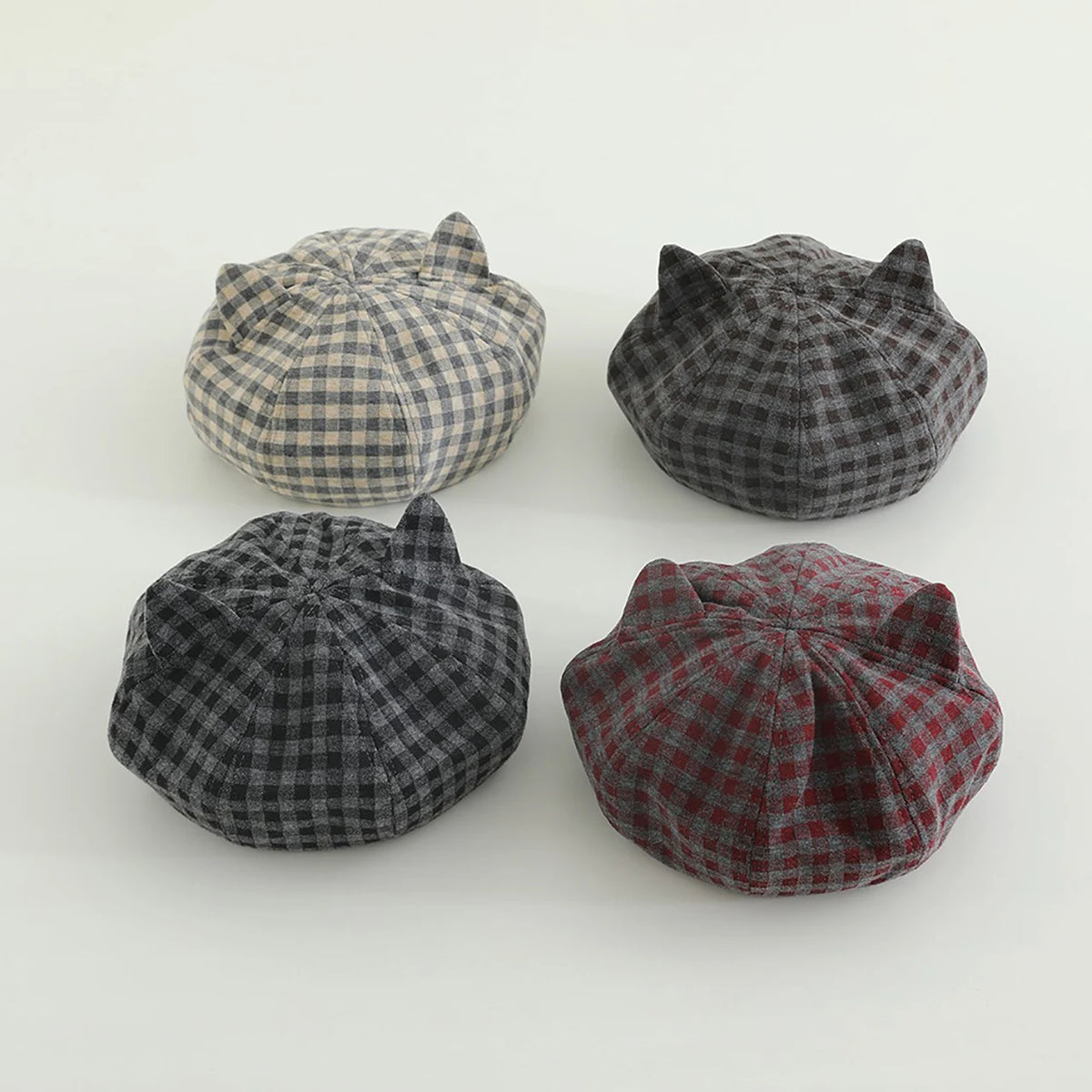 Cute Cats Ears Beret Japanese Children Octagonal Hat Fashion Plaid Kids Pumpkin Hats