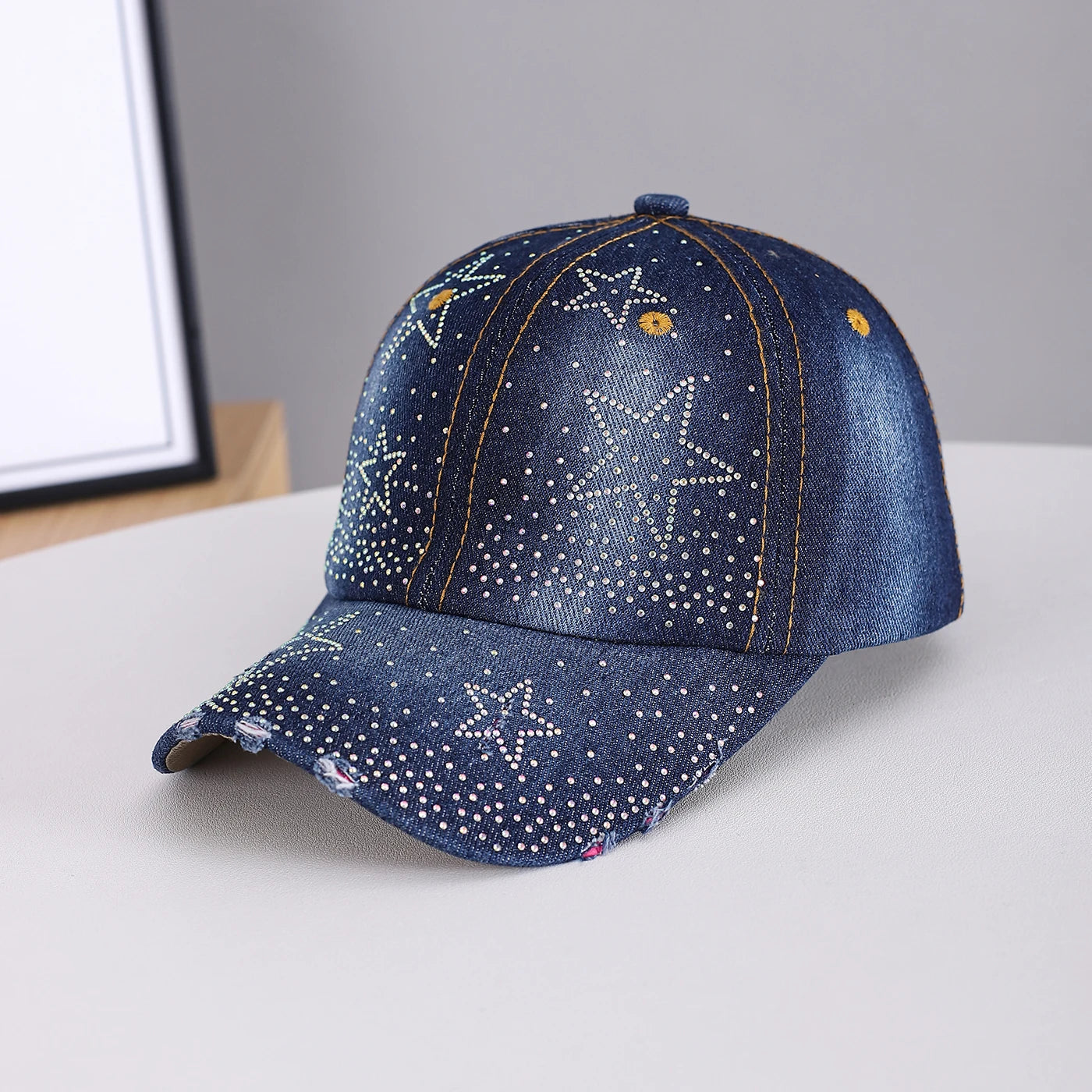 Rhinestone Five-Pointed Star Denim Distressed Baseball Cap