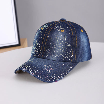 Rhinestone Five-Pointed Star Denim Distressed Baseball Cap