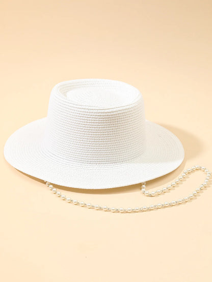 Chic Pearl Flat Top Straw Hat - Women's Summer Black Fashion Sun Hat