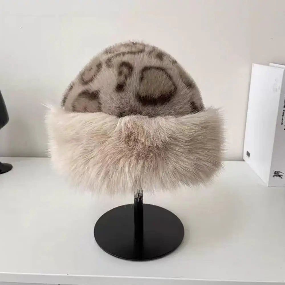 Hot Leopard Print Fur Hat Women Windproof Keep Warm Headgear Fur