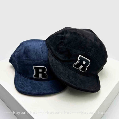 New Korean Patch R Letter Baseball Hats Flat Eave Versatile Suede Peaked Caps Niche Fashion Retro Simple