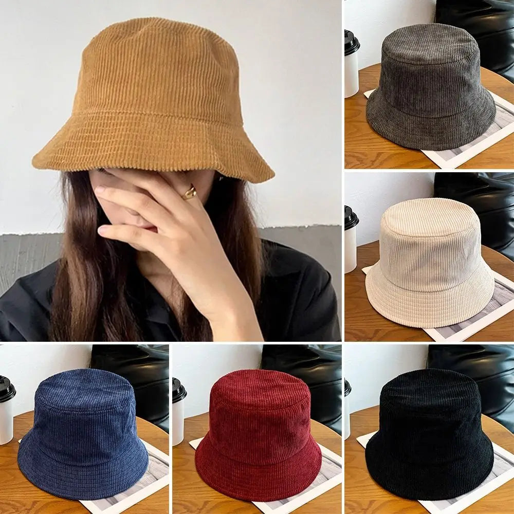 Women Winter Bucket Hat Corduroy Faux Fur Warm Fisherman Cap
