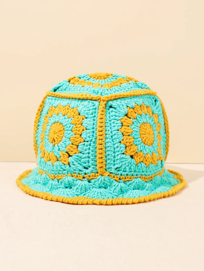1PC Handmade Crochet Vintage Bucket Hat - Geometric Patch Super Soft and Warm