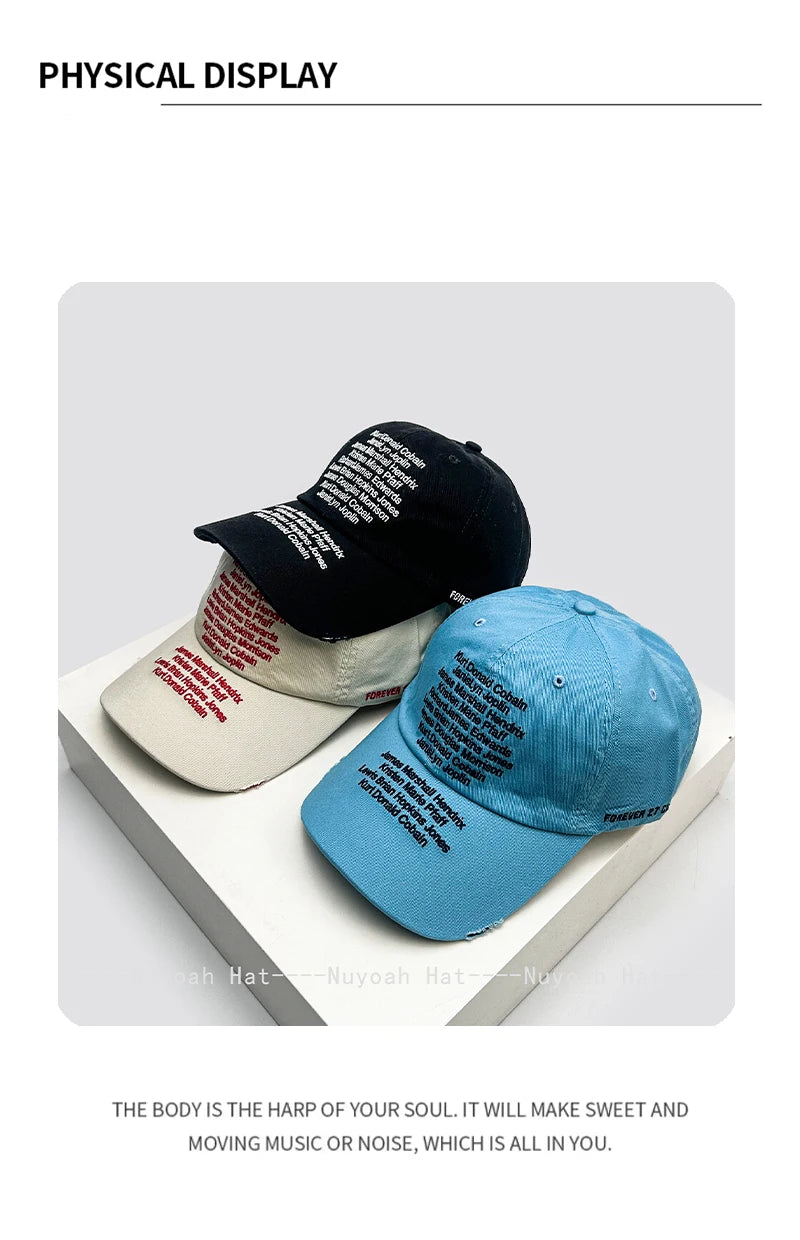 Korean Letter Embroidery Baseball Cap Unisex Retro Peaked Caps Fashionable Outdoor Simple Ins Design