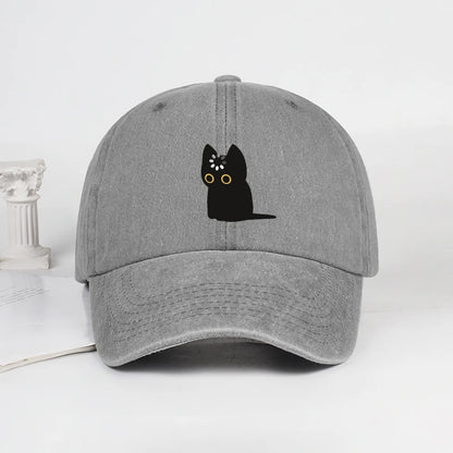 Cute Black Cat Print Washed Baseball Cap Soft