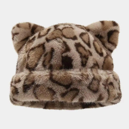 New Leopard Print Fur Hat Women Cute Teddy Bear Beanie Hat