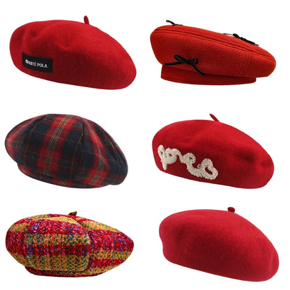 Red Christmas Beret For Women - Autumn Winter Retro