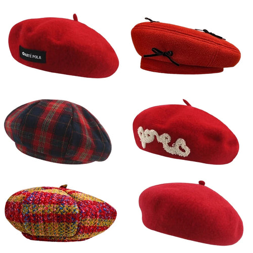 Red Christmas Beret For Women - Autumn Winter Retro