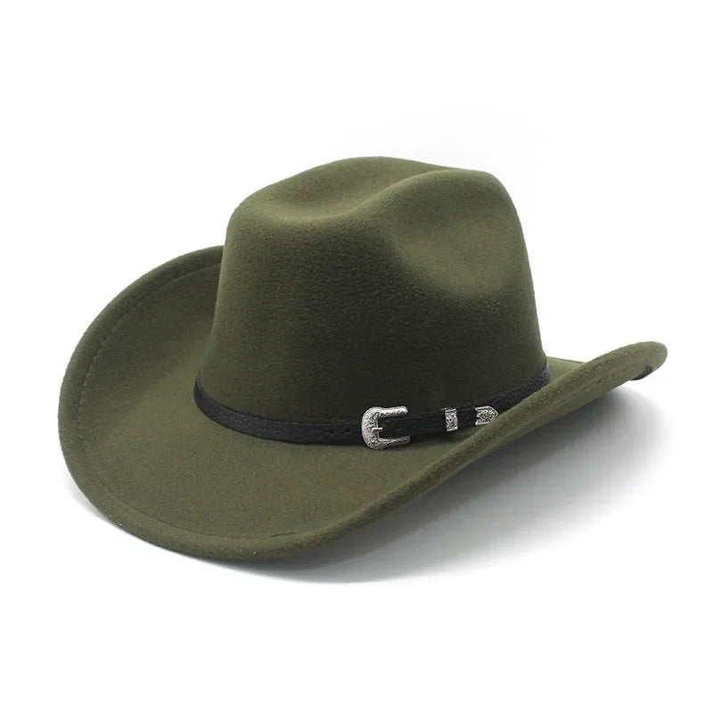 Western Punk Wool Felt Cowboy Hat, Wide Rolled Brim Fedora For Equestrian Riding