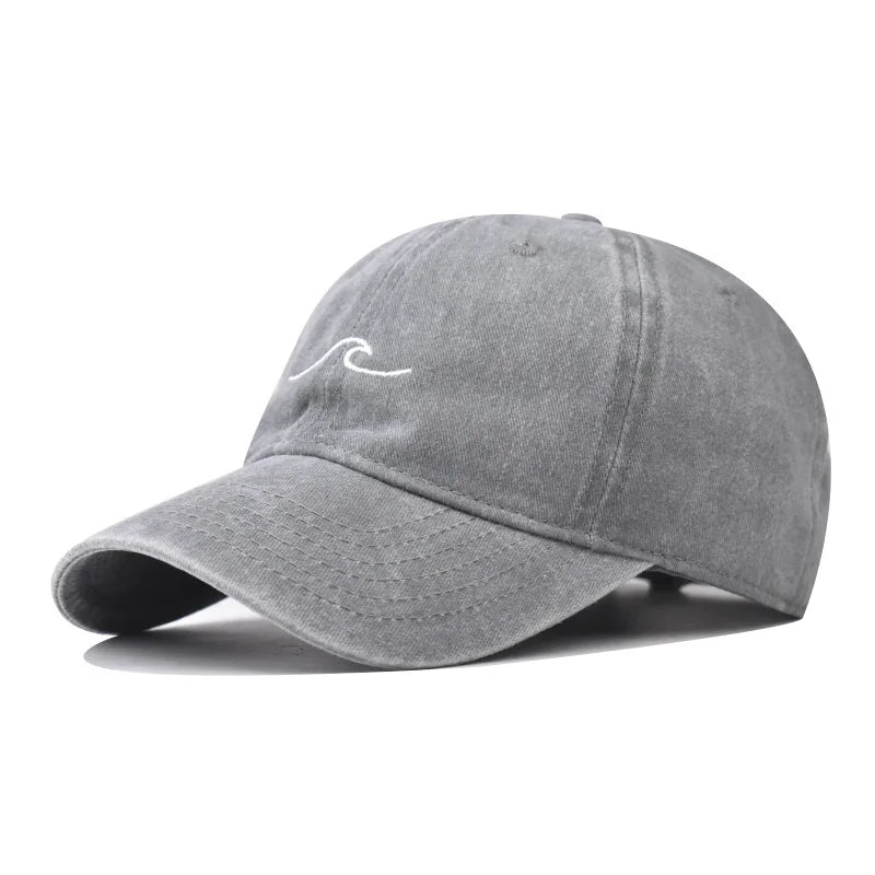 Washed Cotton Wave Embroidered Baseball Cap