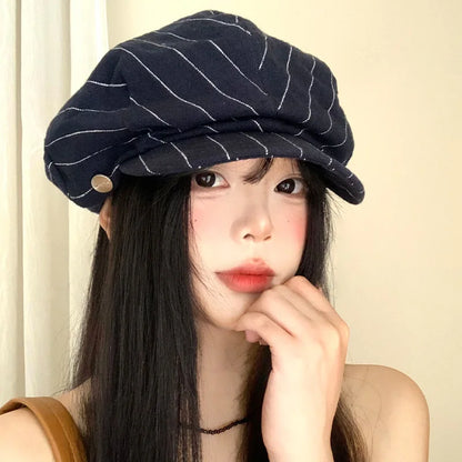 Harajuku Style Cotton And Linen Striped Berets
