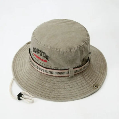 Washed Denim Bucket Hat Boston Embroidery Wide Brim Sun Hat