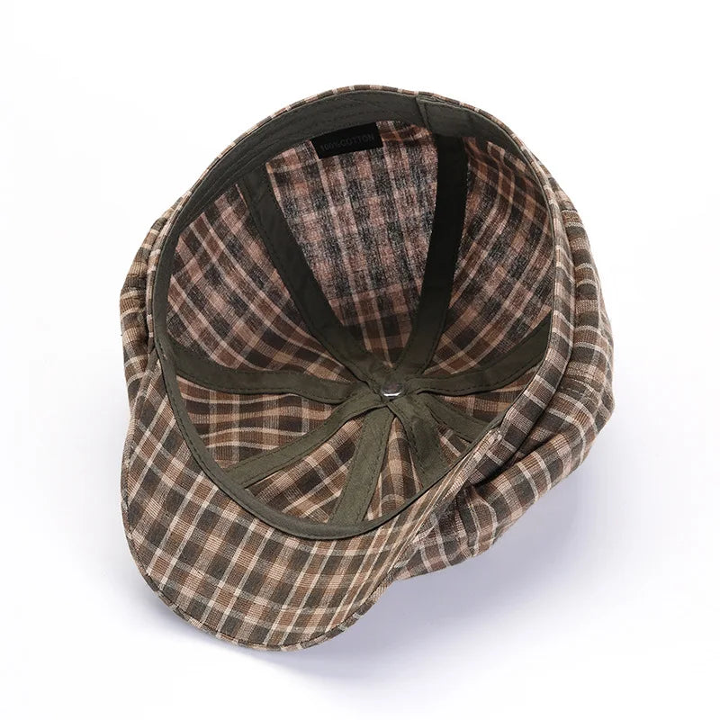 Checked Cloth Octagonal Cap Cotton Blends Plaid Men Casual Newsboy Caps