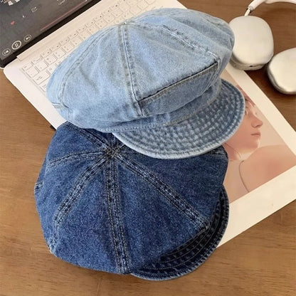 Retro Vintage Washed Denim Beret Newsboy Visor Octagonal Cap