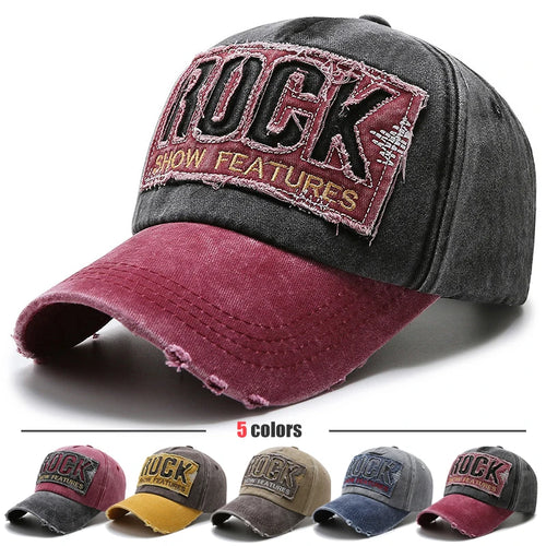 Rock Letters Embroidered Patch Ripped Brushed Washed Distressed Design Style Baseball Cap
