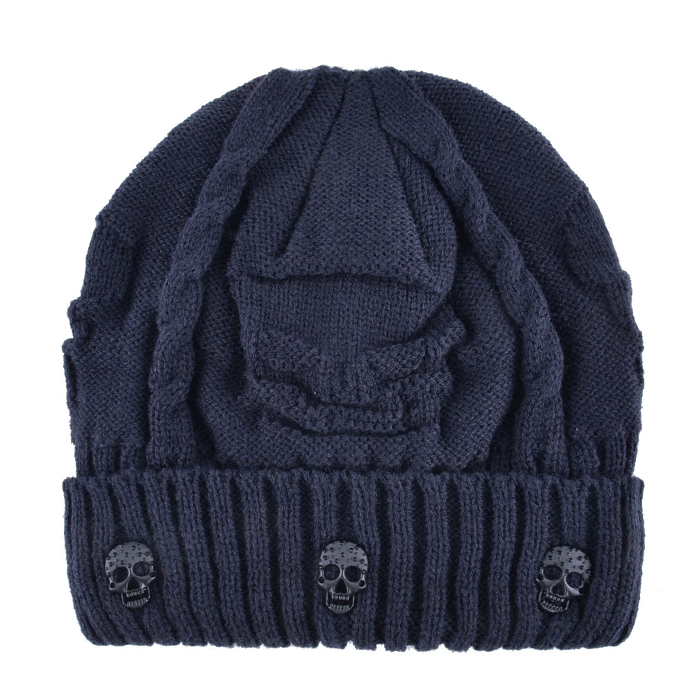 Winter Beanies Men Knitted Skull Pattern Solid Color Hat With Metal Skulls