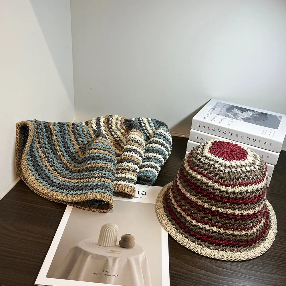Women Summer Bucket Hat Hollow Out Knitted Fisherman Caps