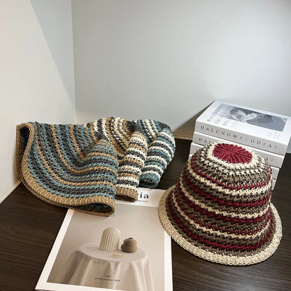 Women Summer Bucket Hat Hollow Out Knitted Fisherman Caps