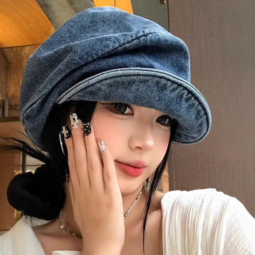 Simple Washed Cloud Denim Berets Women's