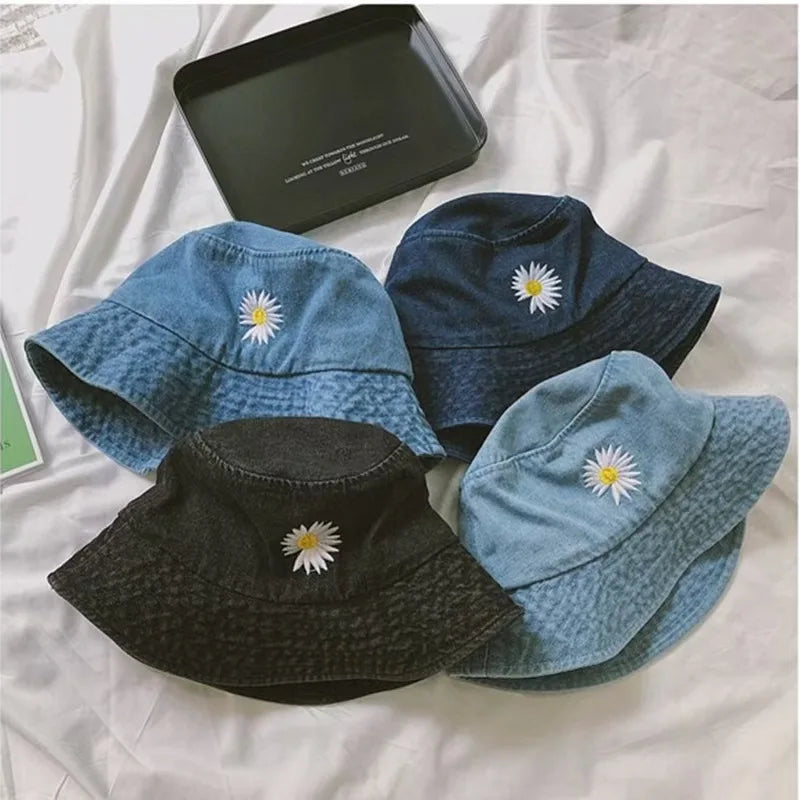 Korean Daisy Embroidery Bucket Hat Women Men
