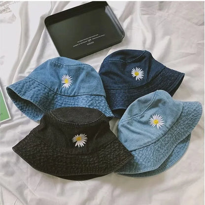 Korean Daisy Embroidery Bucket Hat Women Men