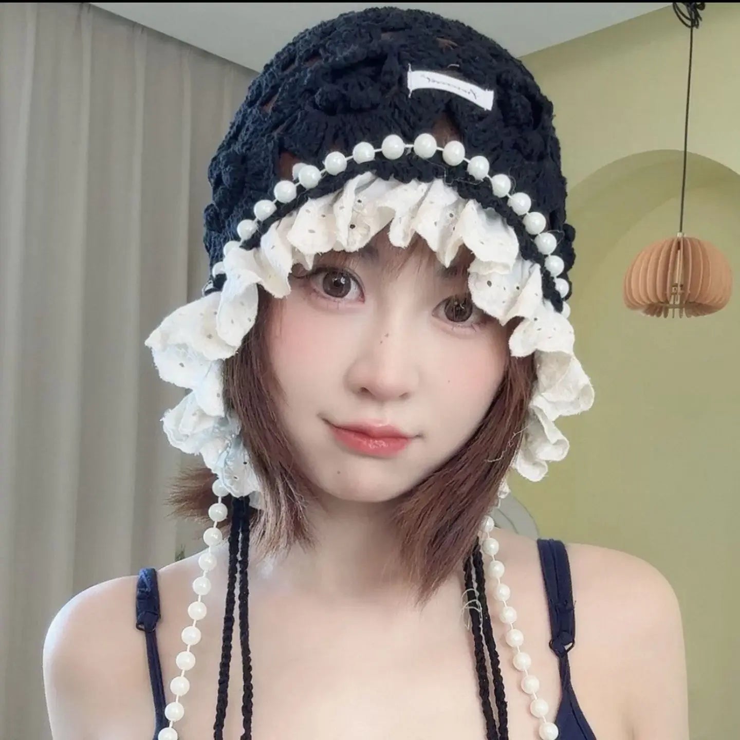 Casual Pearl Tassels Crochet Flower Knitted Hat