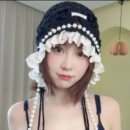 Casual Pearl Tassels Crochet Flower Knitted Hat