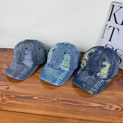 Soft Top Distressed Baseball Cap with Holes, Unisex Washed Vintage Sun Hat