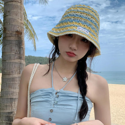 Ladies' Bucket Hat Korean Knitted Striped Verstaile Hollow