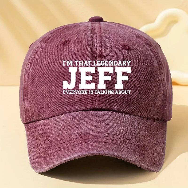 Jeff Letter Printed Washed Baseball Cap with  for Outdoor Vacation, Camping