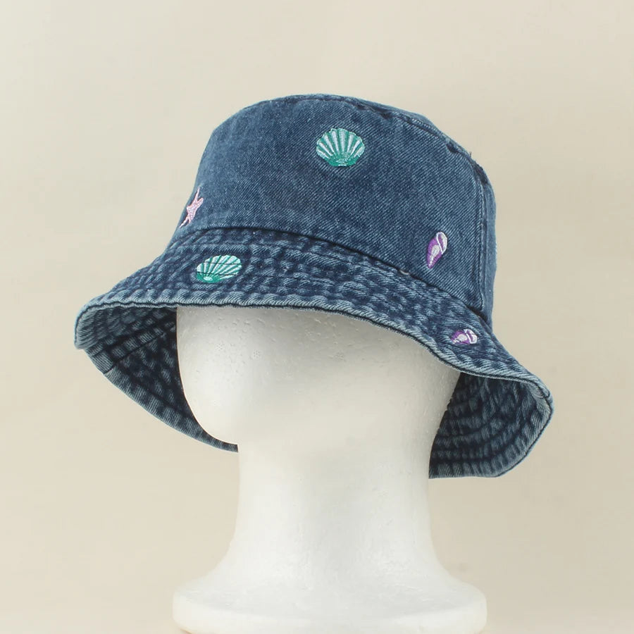 2026 Baby Cute Shell Starfish Crab Embroidery Denim Bucket Hat For Kids