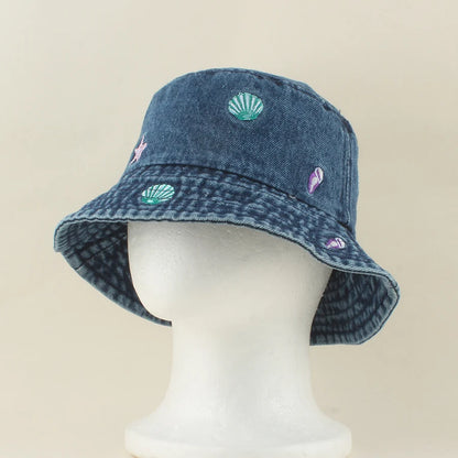2026 Baby Cute Shell Starfish Crab Embroidery Denim Bucket Hat For Kids