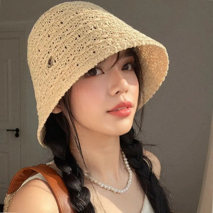 Fashion Summer Straw Sun Hat Wide Brim Hollow Straw Bucket Hat