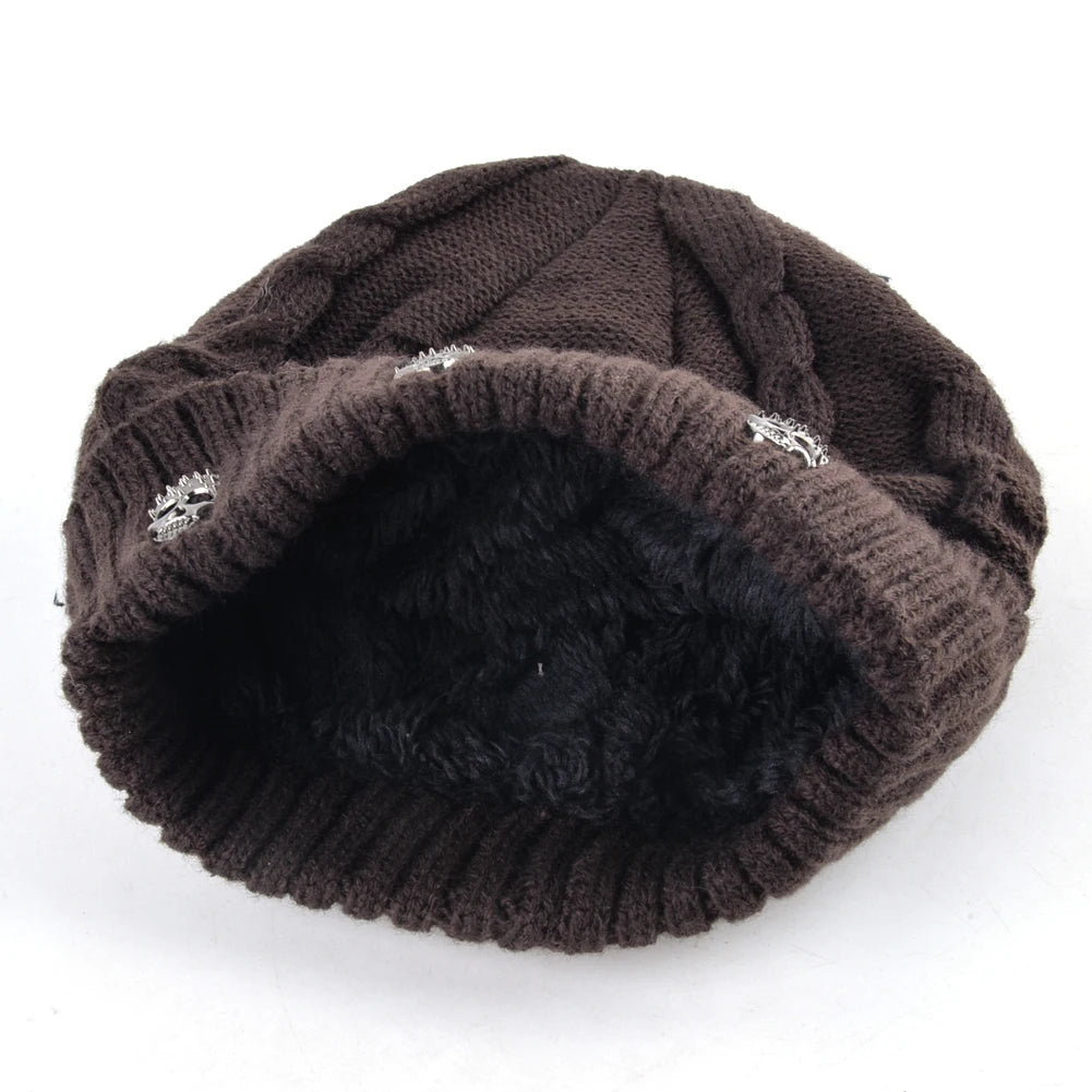 Winter Beanies Men Knitted Skull Pattern Solid Color Hat With Metal Skulls